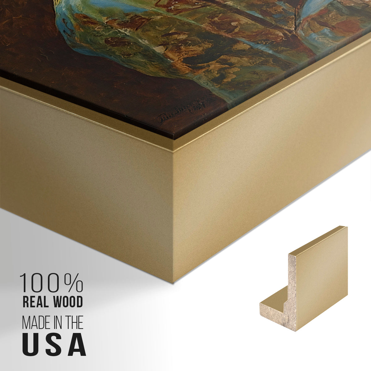 Close-up of the gold floater frame corner and gallery wrapped canvas construction.