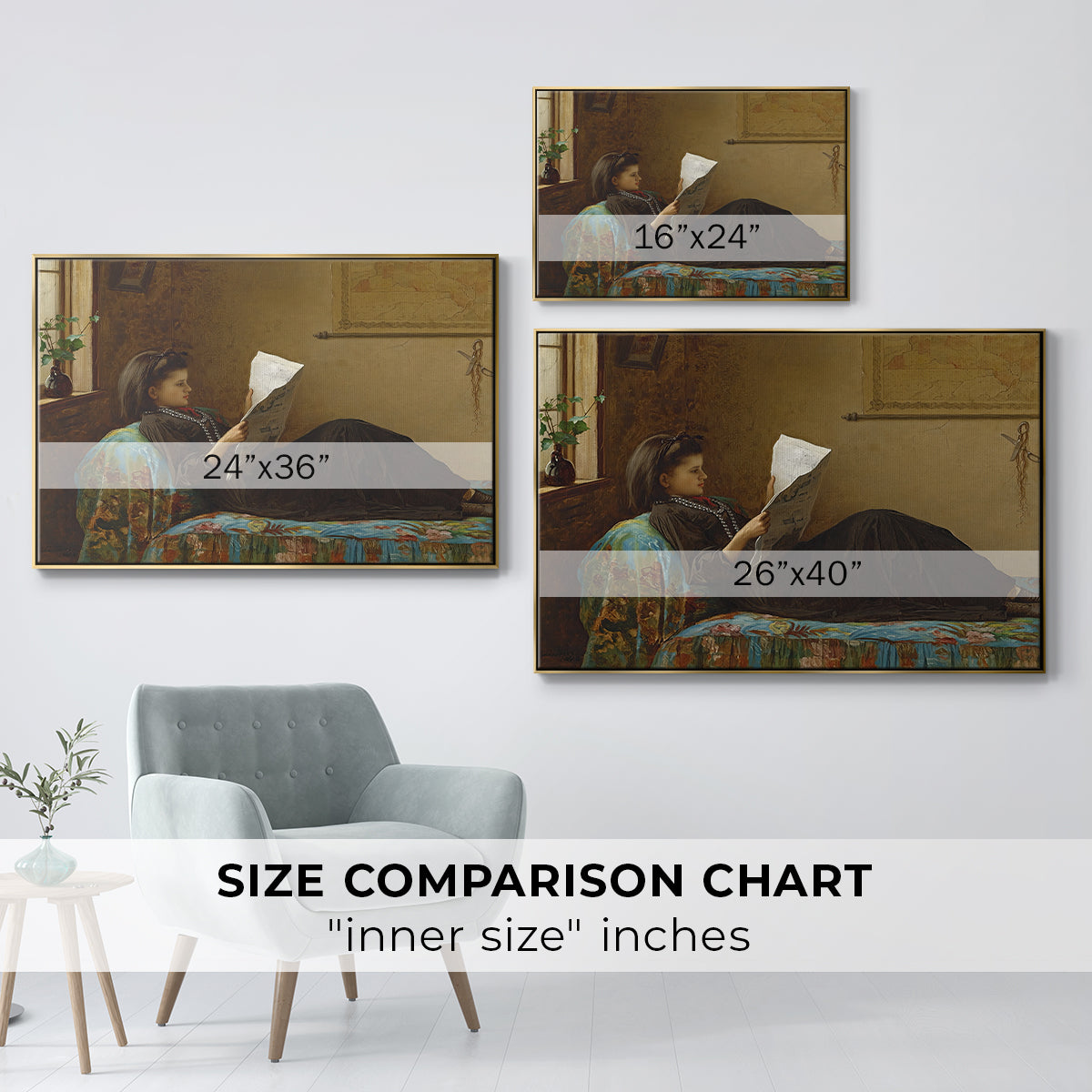 Size comparison chart for gold floater framed canvas featuring Interesting News, 1872 by Eastman Johnson.