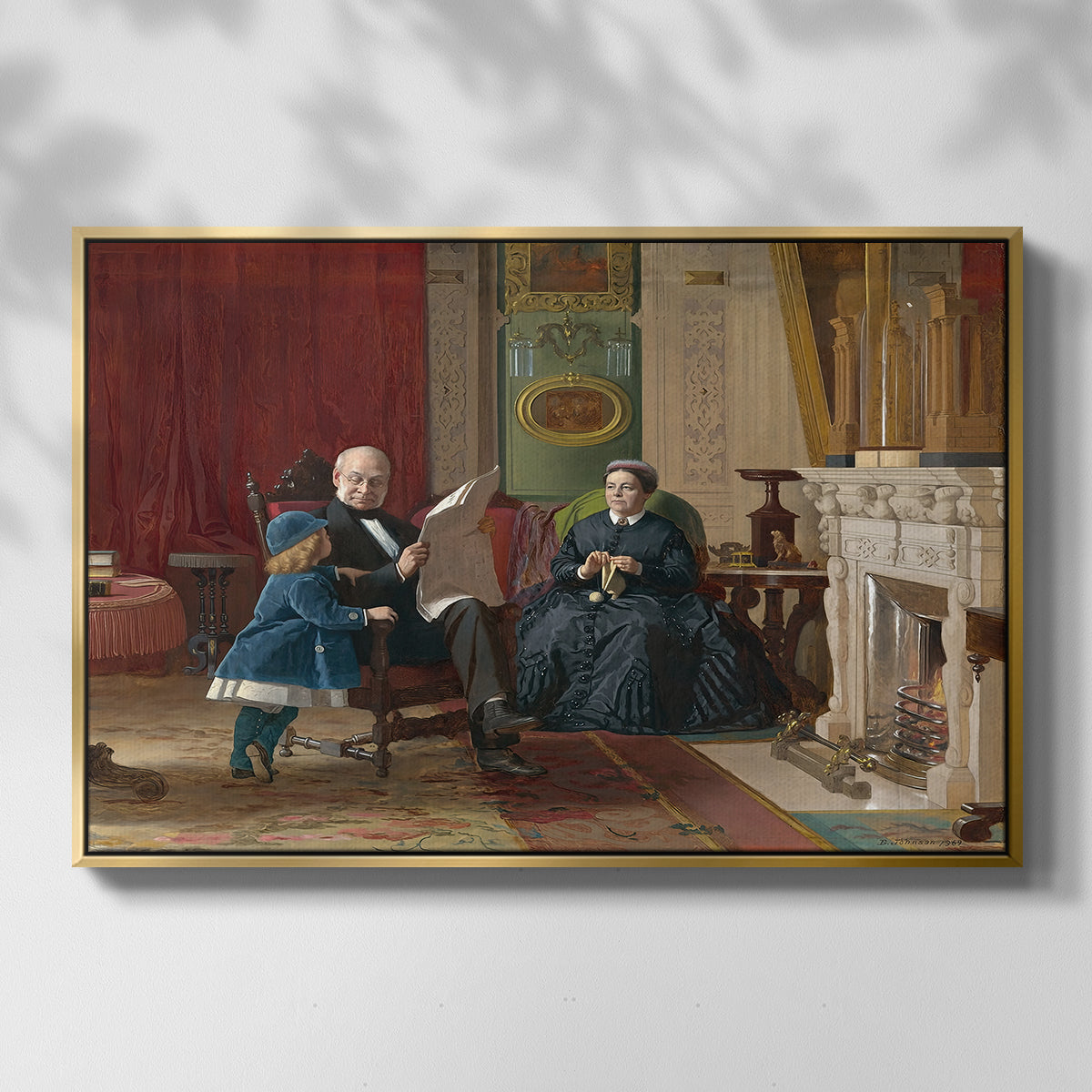 Front view of The Brown Family, 1869 by Eastman Johnson in a gold floater framed canvas.