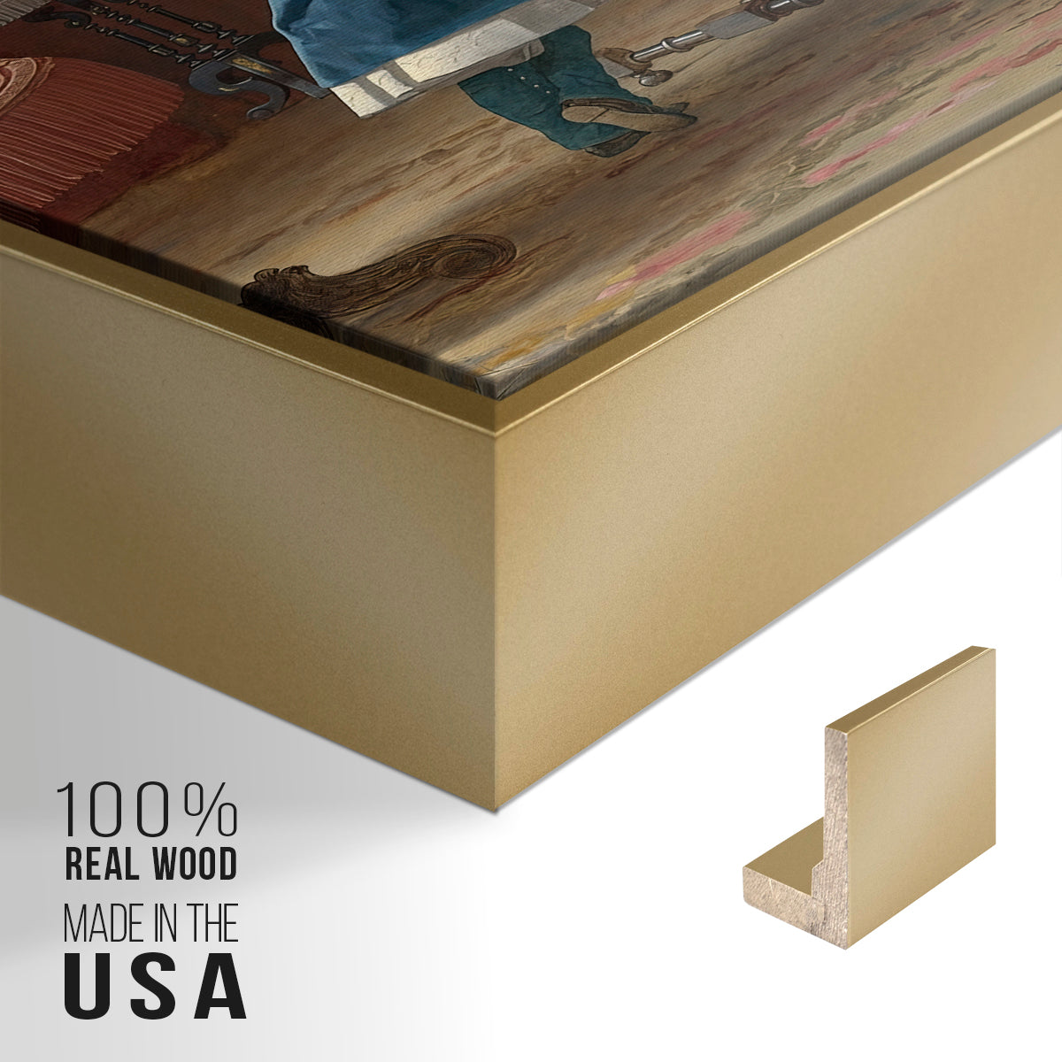 Close-up of the gold floater frame corner and gallery wrapped canvas construction.