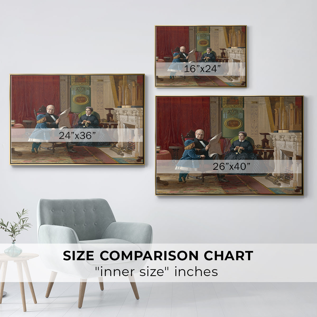 Size comparison chart for gold floater framed canvas featuring The Brown Family, 1869 by Eastman Johnson.