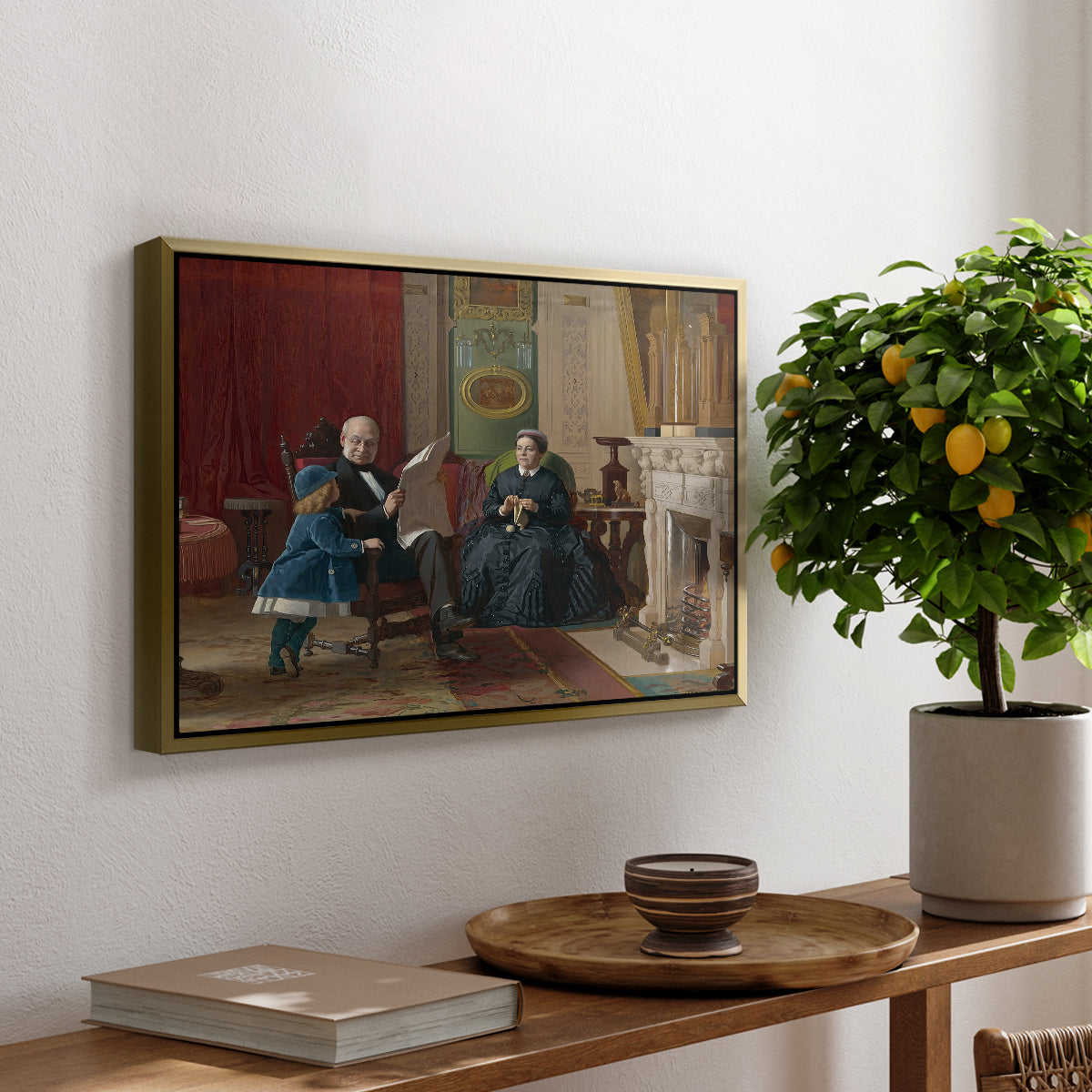 The Brown Family, 1869 by Eastman Johnson, presented in a gold floater framed canvas featuring a family seated together in interior room engaged in quiet activity, displayed above a hallway console table.