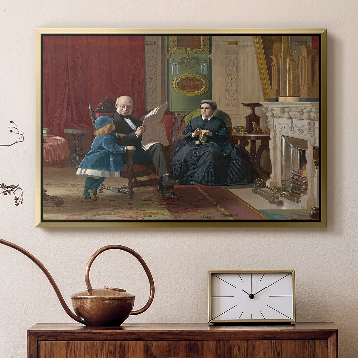 Gold floater framed canvas featuring an Americana scene with figures sitting and interacting indoors, displayed above a cabinet in a soft-toned living room.