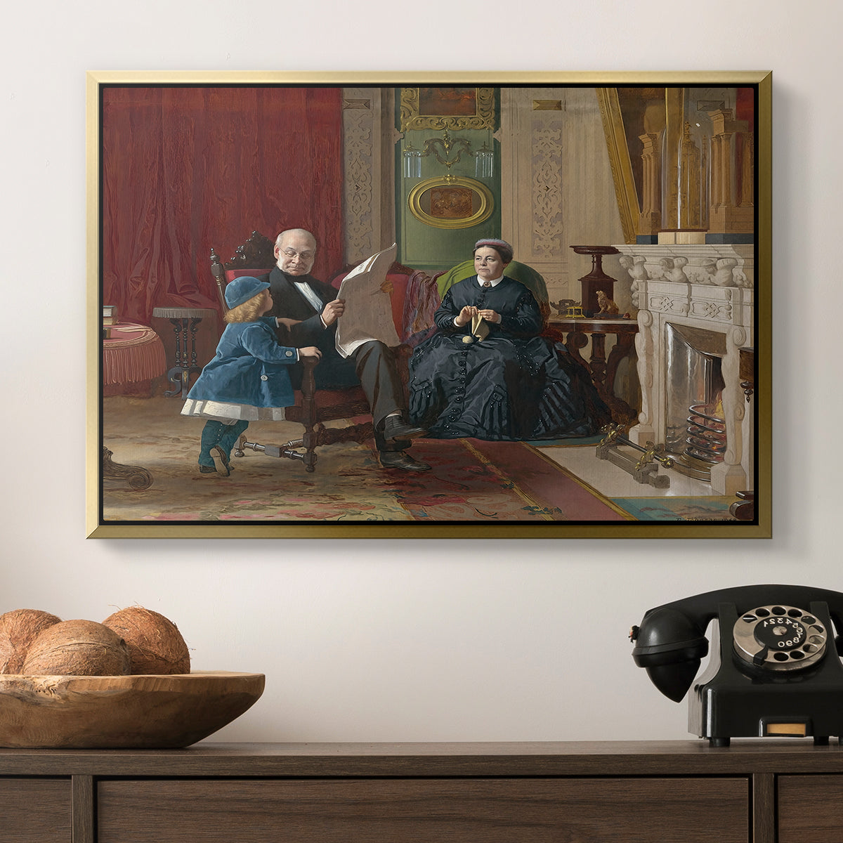 The Brown Family, 1869 by Eastman Johnson in a gold floater framed canvas displayed above a console table in a hallway, featuring a family group portrait with warm interior tones.