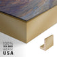 Close-up of the gold floater frame corner and gallery wrapped canvas construction.