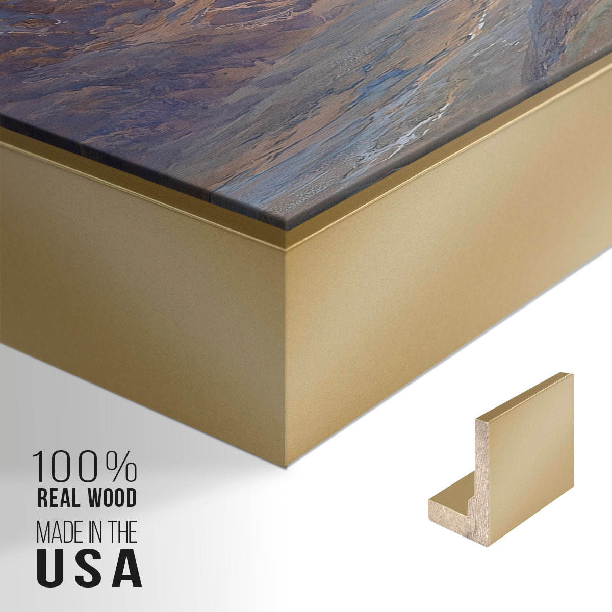 Close-up of the gold floater frame corner and gallery wrapped canvas construction.