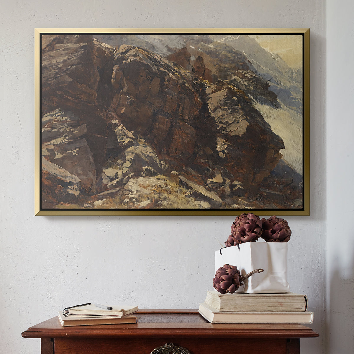 Gold floater framed canvas featuring High Mountain Study, c. 1870 by Edward Theodore Compton above an entryway table in a minimalist foyer.