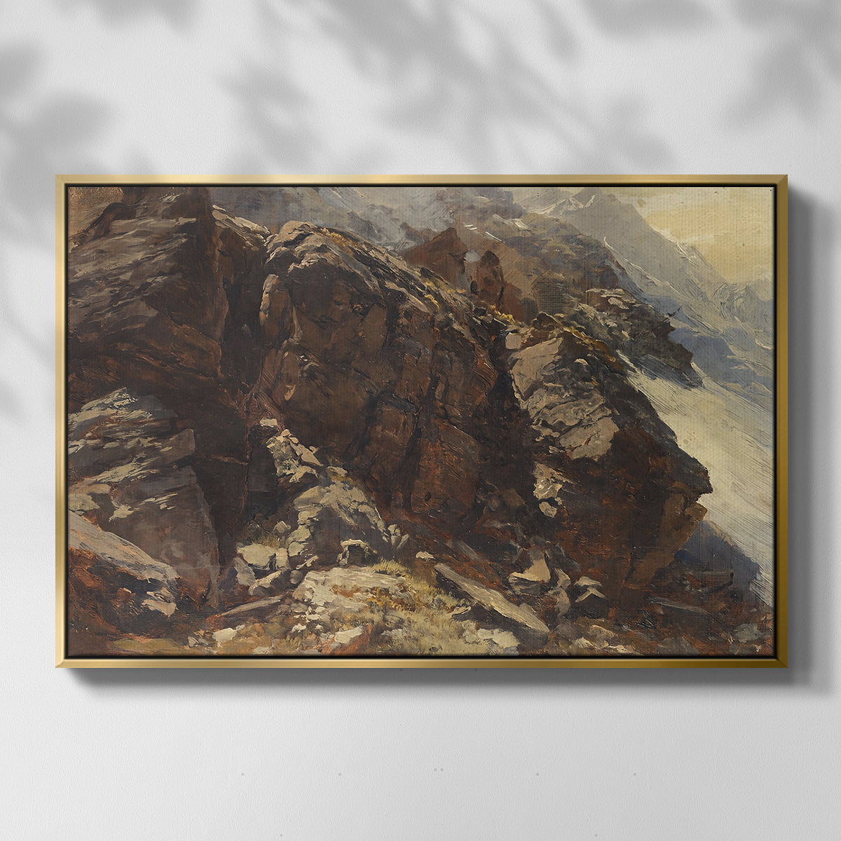 Front view of High Mountain Study, c. 1870 by Edward Theodore Compton in a gold floater framed canvas.