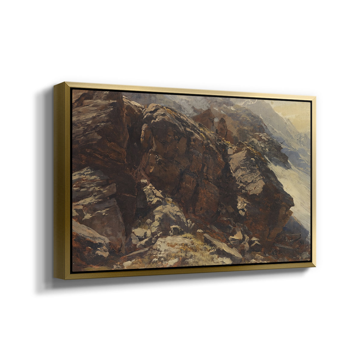 Angled view of High Mountain Study, c. 1870 by Edward Theodore Compton in a gold floater framed canvas.