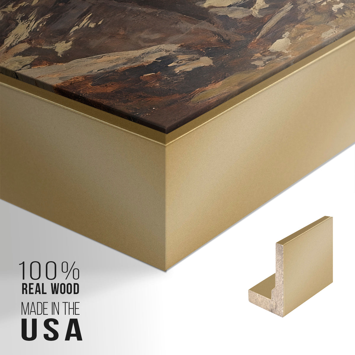 Close-up of the gold floater frame corner and gallery wrapped canvas construction.