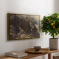 High Mountain Study, c. 1870 by Edward Theodore Compton, presented in a gold floater framed canvas featuring a rocky alpine terrain with steep slopes and distant mountain peaks, displayed above a hallway console table.