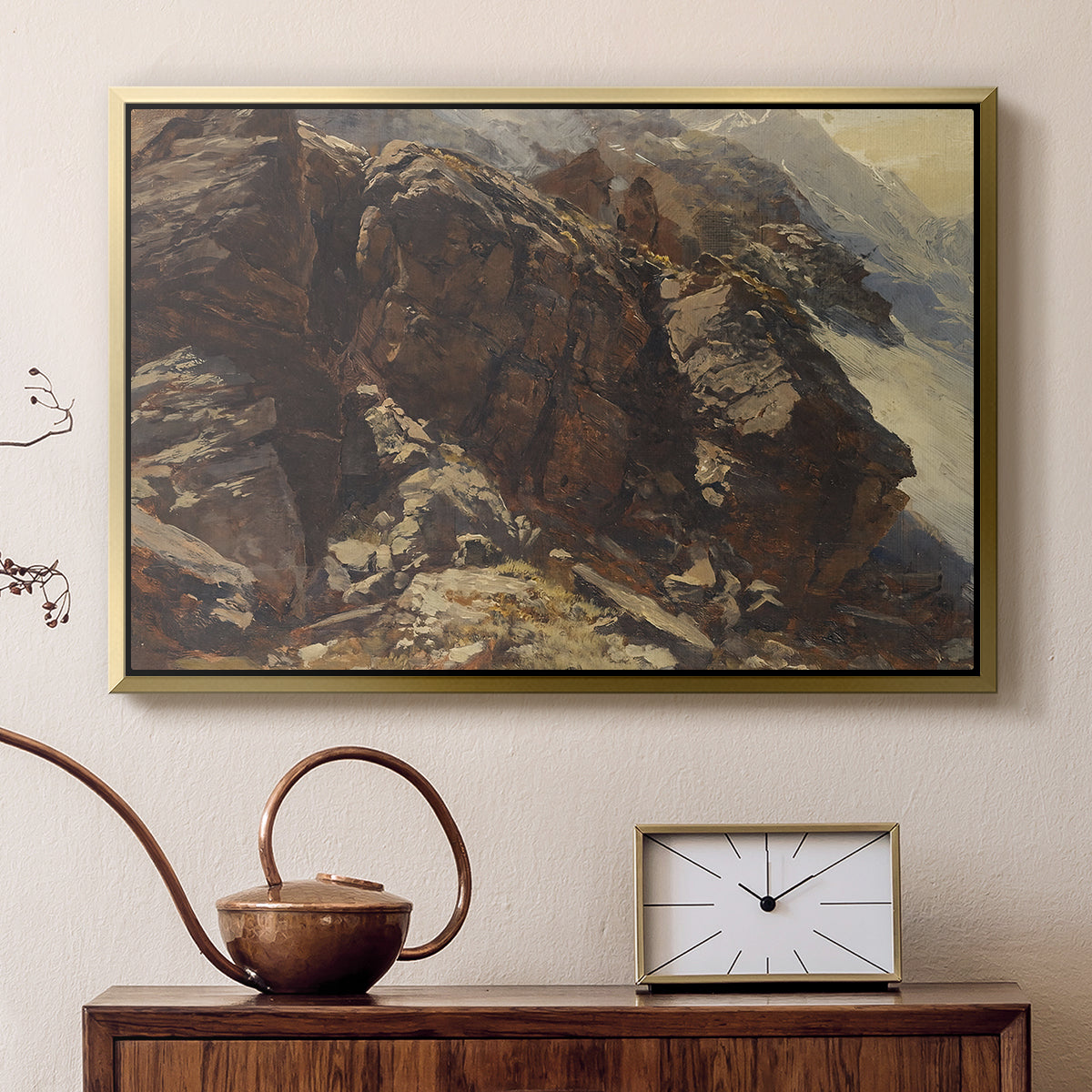 Gold floater framed canvas featuring a high-altitude scene with rocky formations and sparse vegetation, displayed above a cabinet in a soft-toned living room.