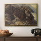 High Mountain Study, c. 1870 by Edward Theodore Compton in a gold floater framed canvas displayed above a console table in a hallway, featuring a realistic depiction of mountainous terrain under open sky.