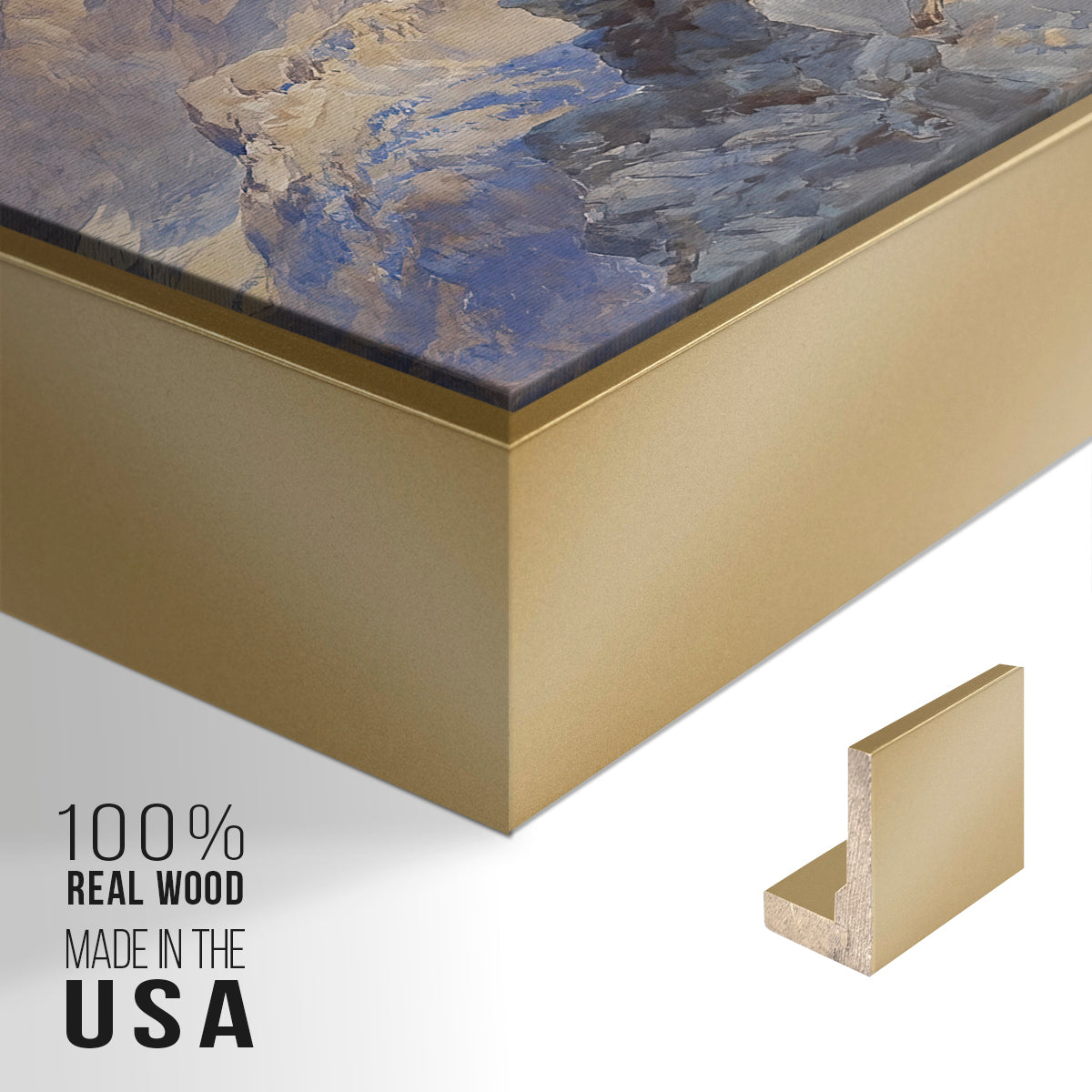 Close-up of the gold floater frame corner and gallery wrapped canvas construction.