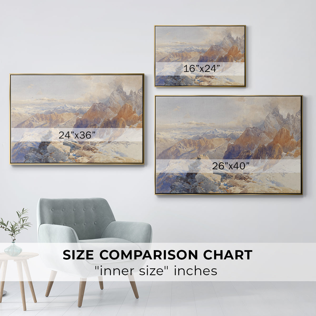 Size comparison chart for gold floater framed canvas featuring Col du Géant, 1903 by Edward Theodore Compton.