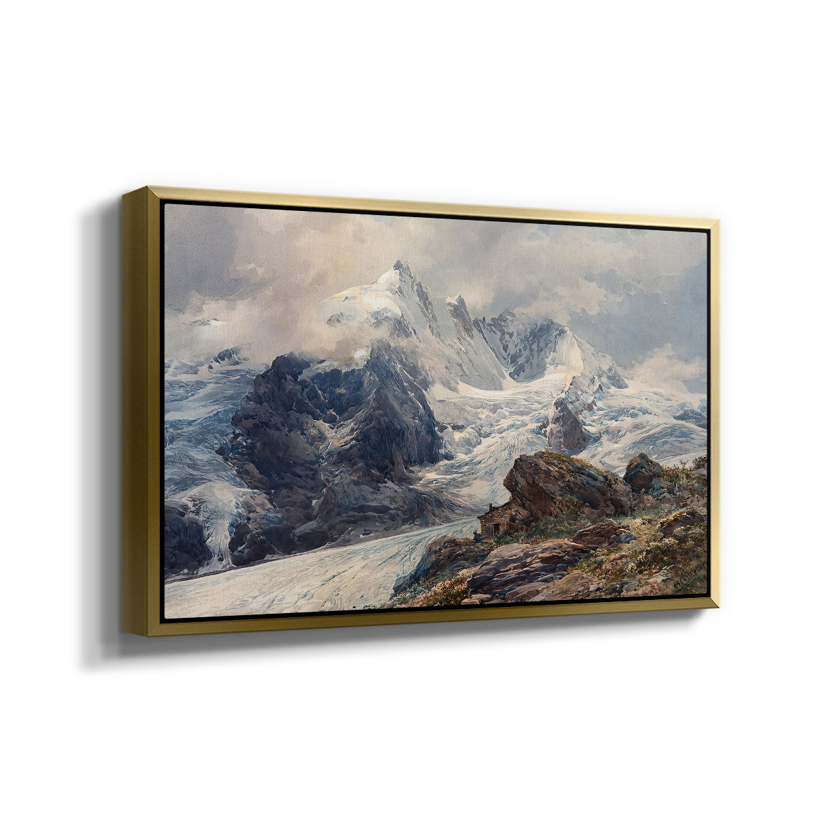 Angled view of The Grossglockner, 1880 by Edward Theodore Compton in a gold floater framed canvas.