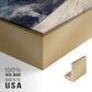 Close-up of the gold floater frame corner and gallery wrapped canvas construction.