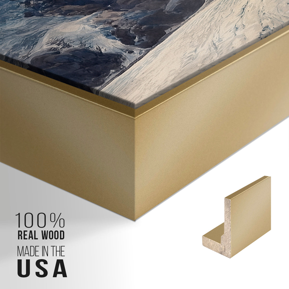 Close-up of the gold floater frame corner and gallery wrapped canvas construction.