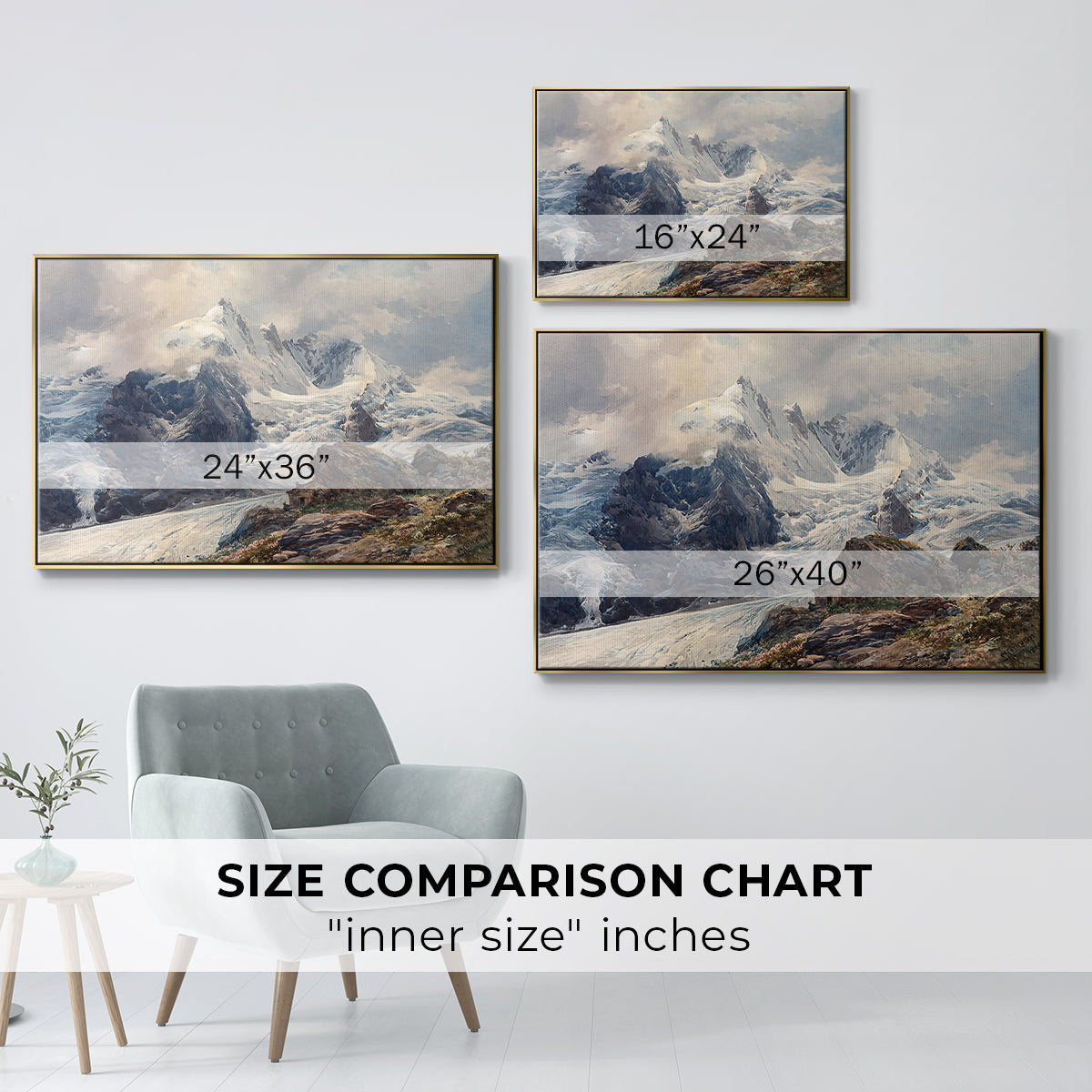 Size comparison chart for gold floater framed canvas featuring The Grossglockner, 1880 by Edward Theodore Compton.