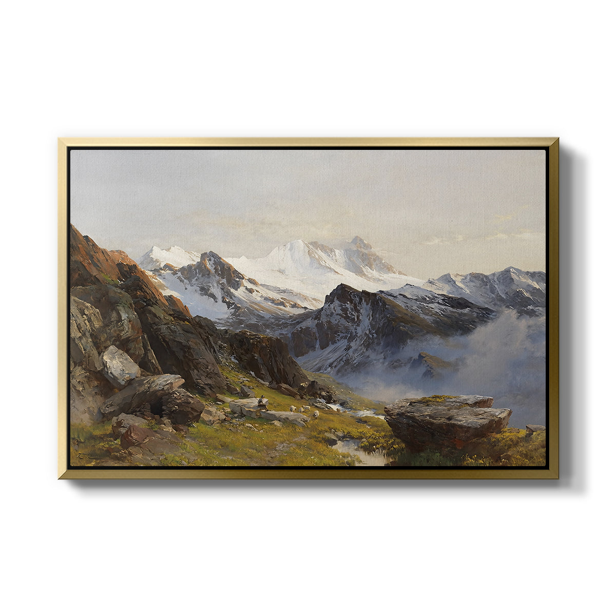 The Großglockner from the Prager Hut, 1890 by Edward Theodore Compton in a gold floater framed canvas wall art display.