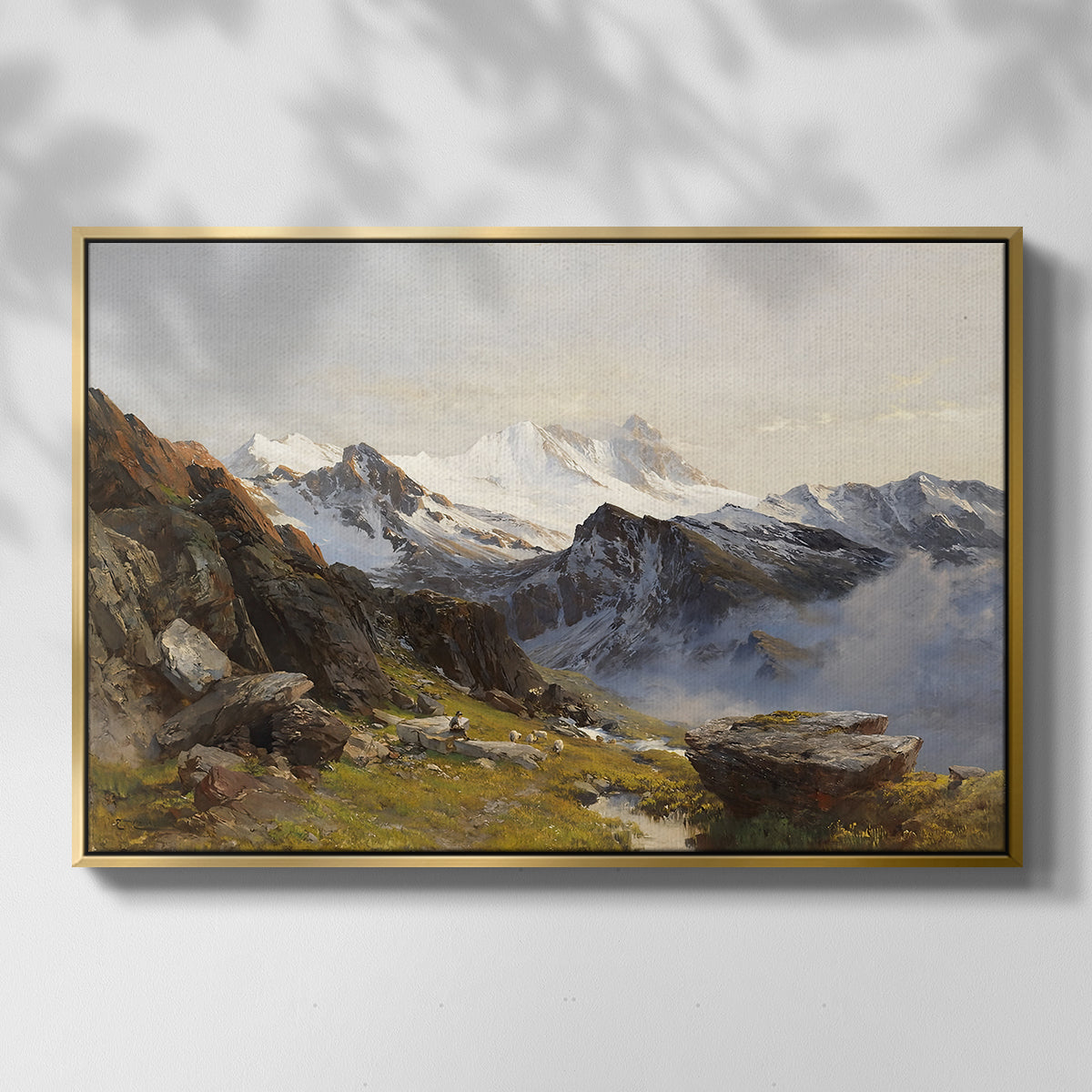 Front view of The Großglockner from the Prager Hut, 1890 by Edward Theodore Compton in a gold floater framed canvas.