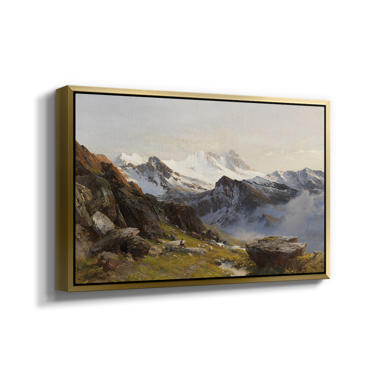 Angled view of The Großglockner from the Prager Hut, 1890 by Edward Theodore Compton in a gold floater framed canvas.