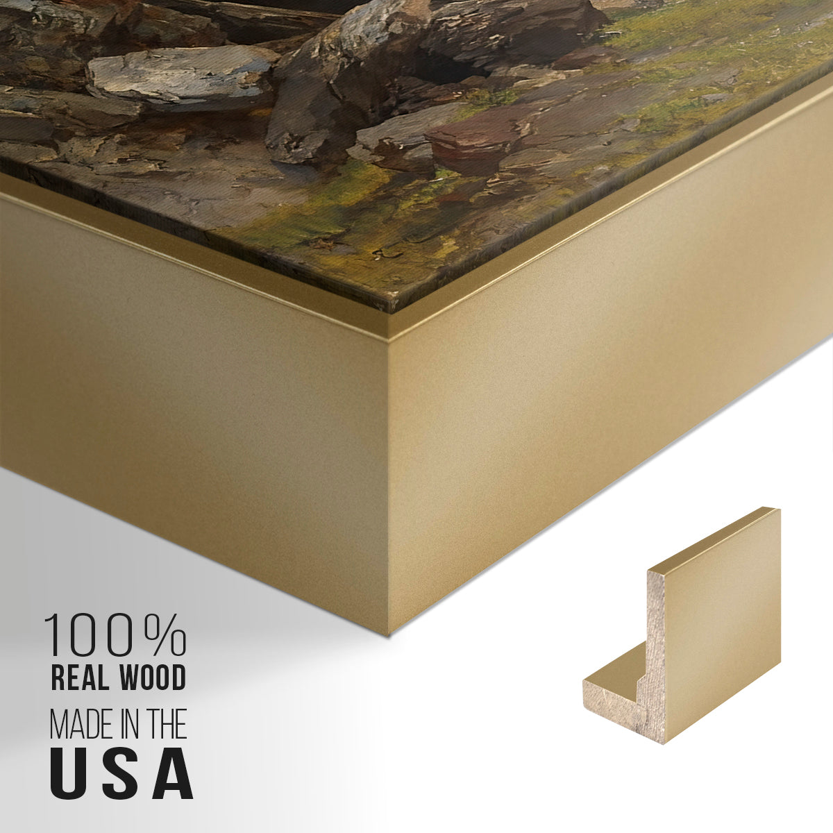 Close-up of the gold floater frame corner and gallery wrapped canvas construction.