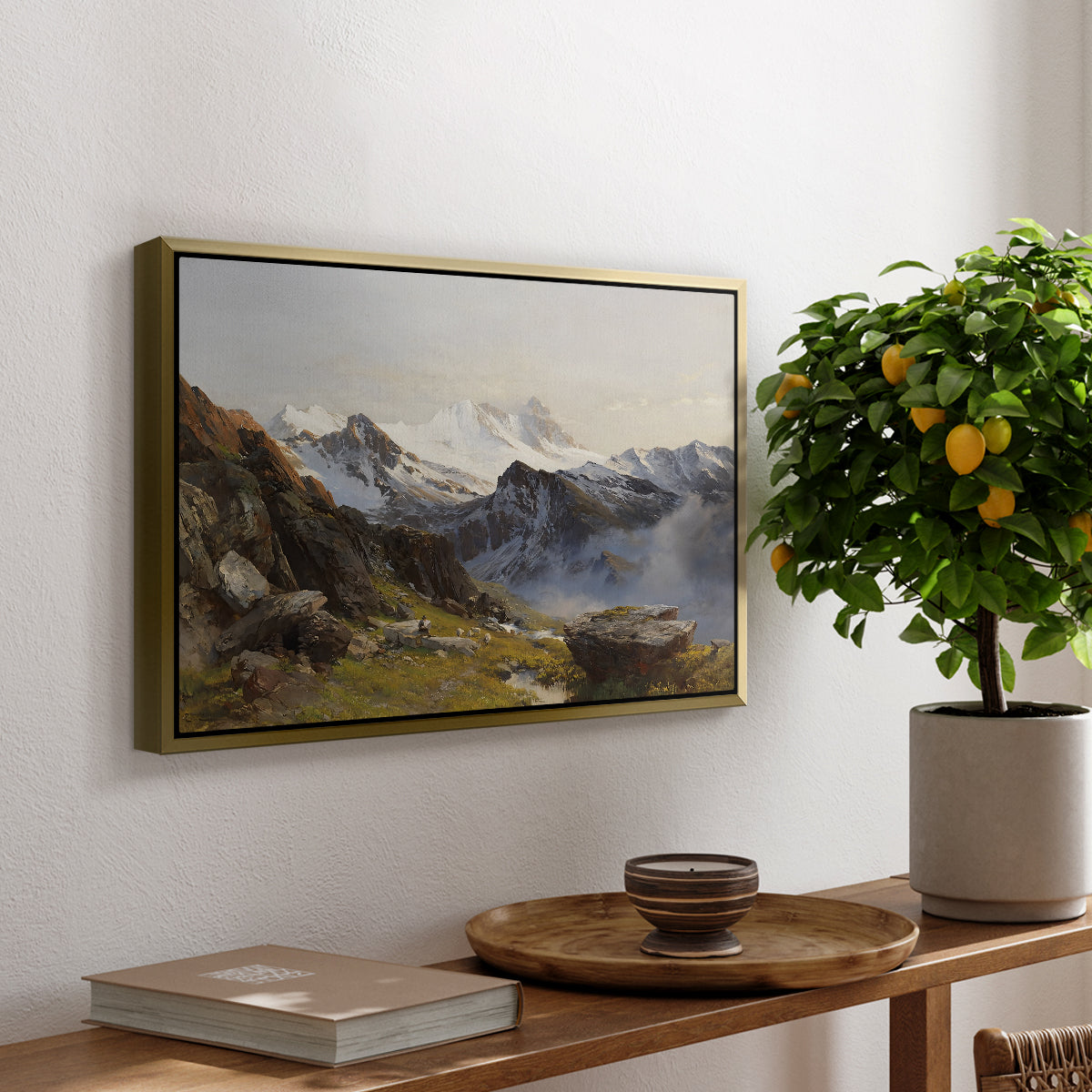 The Großglockner from the Prager Hut, 1890 by Edward Theodore Compton, presented in a gold floater framed canvas featuring a view of Großglockner peak from alpine hut overlooking valley, displayed above a hallway console table.