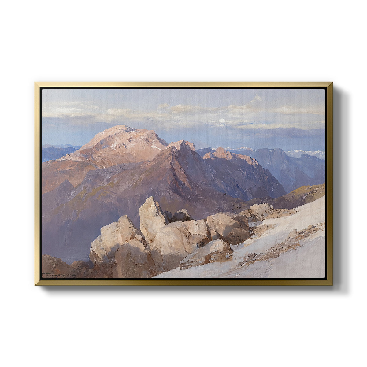 Hoher Göll from Watzmann-Hocheck, 1919 by Edward Theodore Compton in a gold floater framed canvas wall art display.