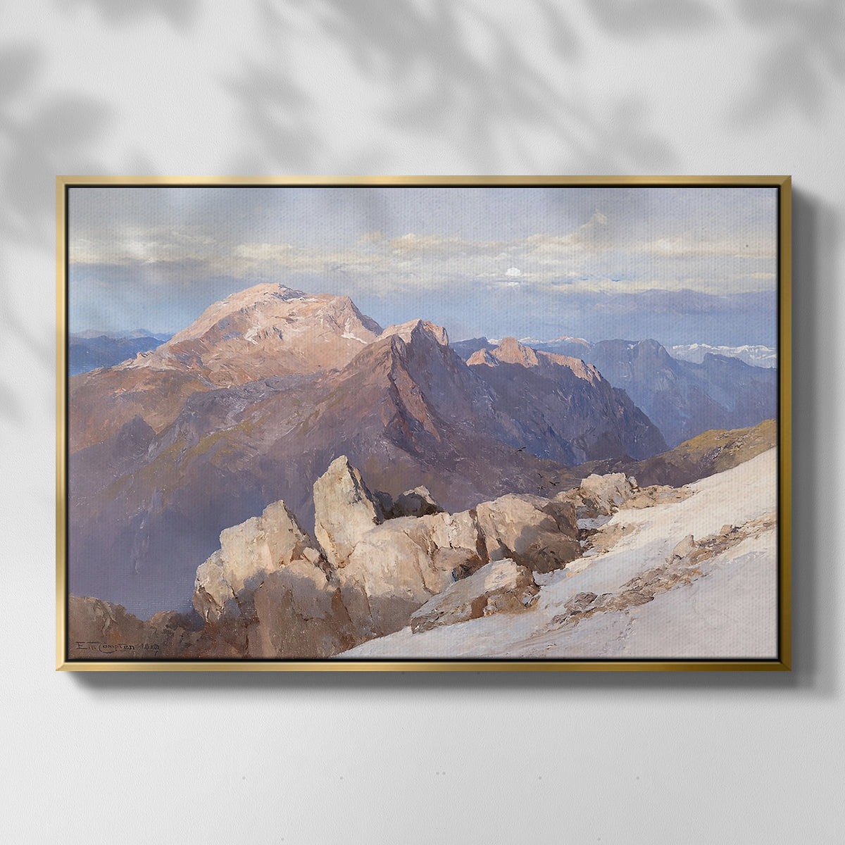 Front view of Hoher Göll from Watzmann-Hocheck, 1919 by Edward Theodore Compton in a gold floater framed canvas.