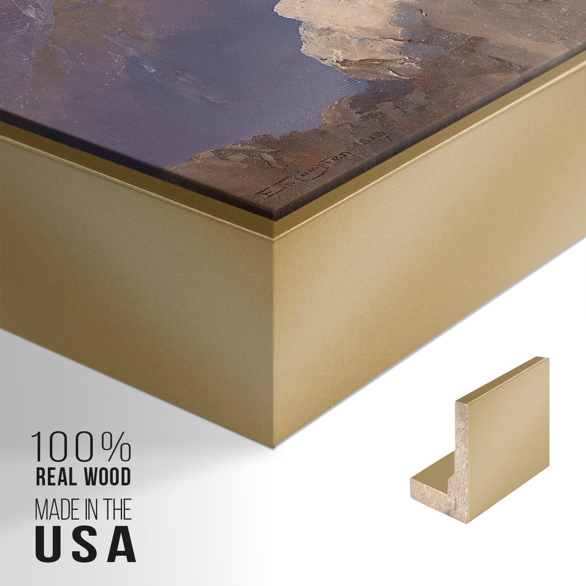 Close-up of the gold floater frame corner and gallery wrapped canvas construction.