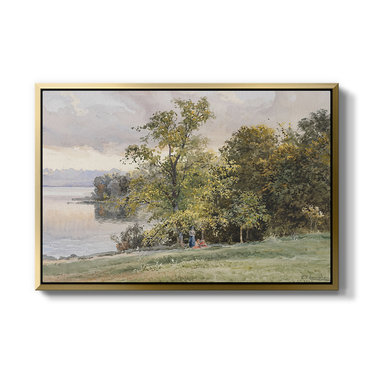 Landscape at Lake Starnberg, 1890 by Edward Theodore Compton in a gold floater framed canvas wall art display.
