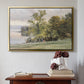 Gold floater framed canvas featuring Landscape at Lake Starnberg, 1890 by Edward Theodore Compton above an entryway table in a minimalist foyer.