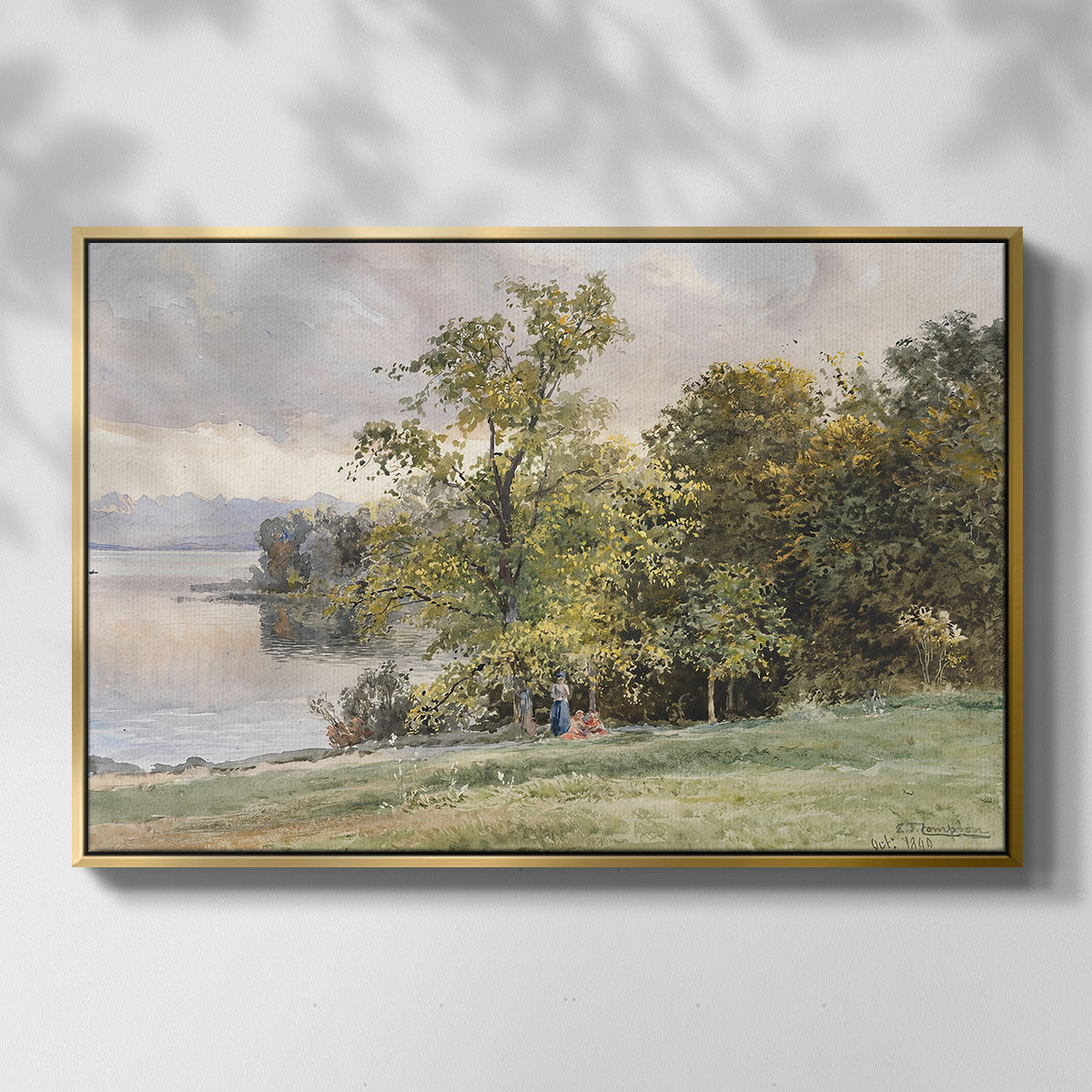 Front view of Landscape at Lake Starnberg, 1890 by Edward Theodore Compton in a gold floater framed canvas.