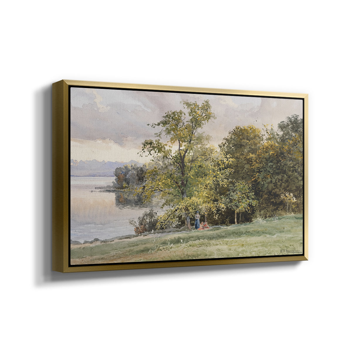 Angled view of Landscape at Lake Starnberg, 1890 by Edward Theodore Compton in a gold floater framed canvas.