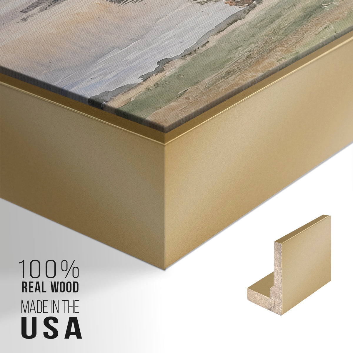 Close-up of the gold floater frame corner and gallery wrapped canvas construction.