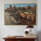 Gold floater framed canvas featuring Palatine in Rome, c. 1921 by Edward Theodore Compton above an entryway table in a minimalist foyer.