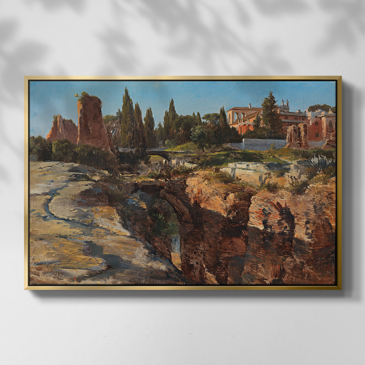 Front view of Palatine in Rome, c. 1921 by Edward Theodore Compton in a gold floater framed canvas.