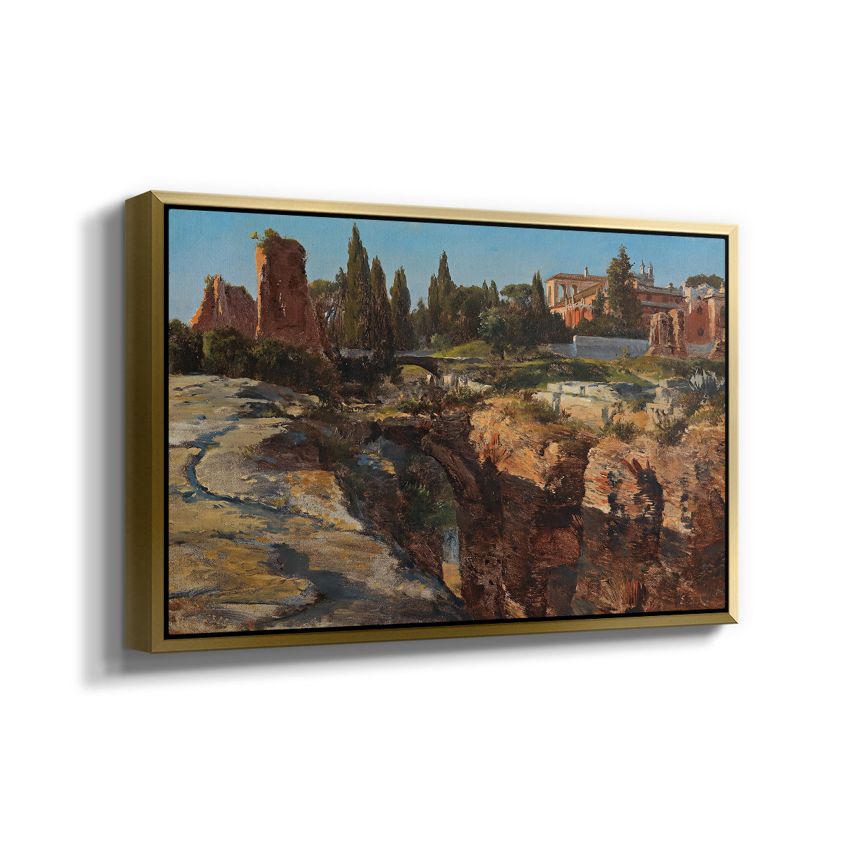 Angled view of Palatine in Rome, c. 1921 by Edward Theodore Compton in a gold floater framed canvas.