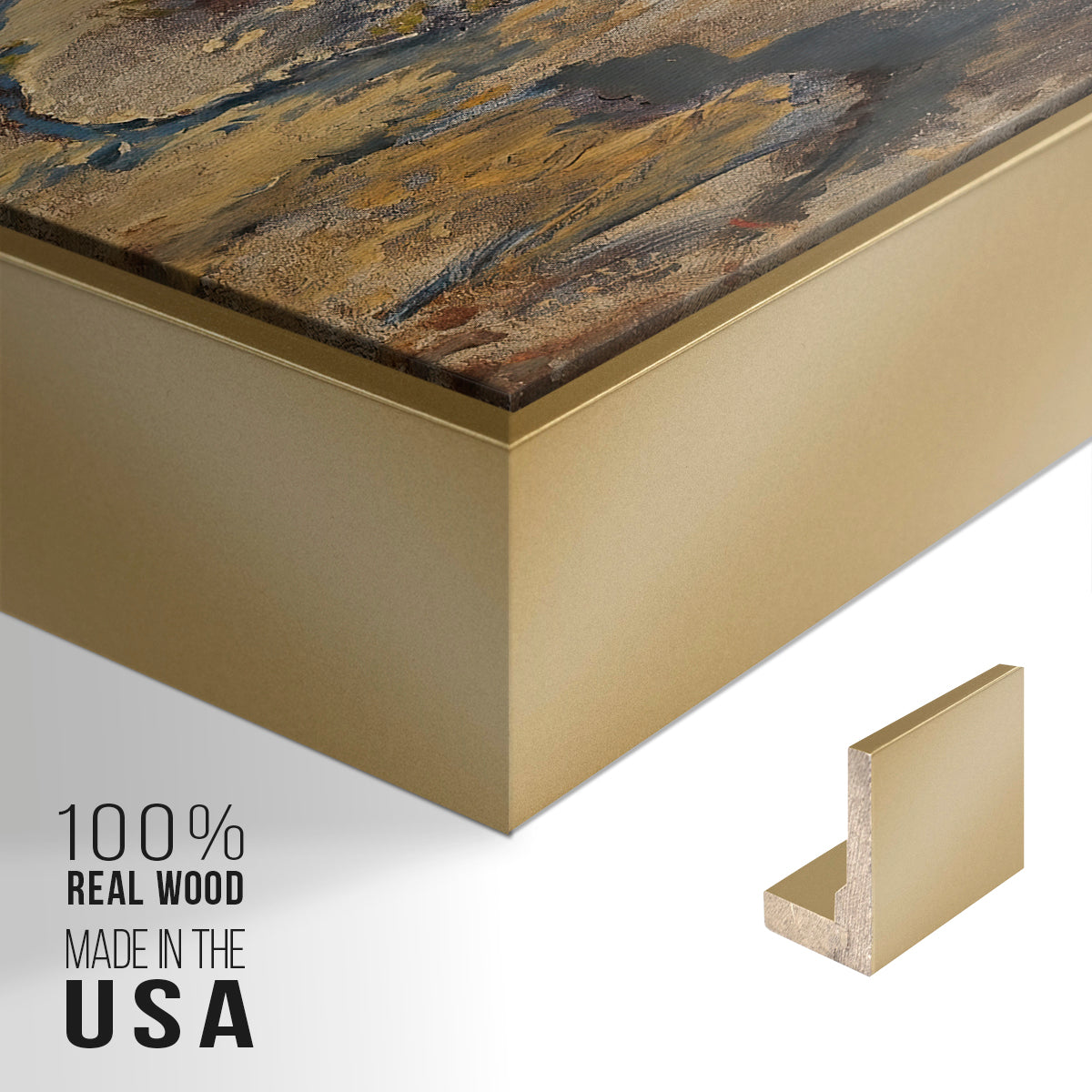 Close-up of the gold floater frame corner and gallery wrapped canvas construction.