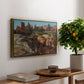 Palatine in Rome, c. 1921 by Edward Theodore Compton, presented in a gold floater framed canvas featuring historic Roman ruins and buildings set within warm landscape, displayed above a hallway console table.