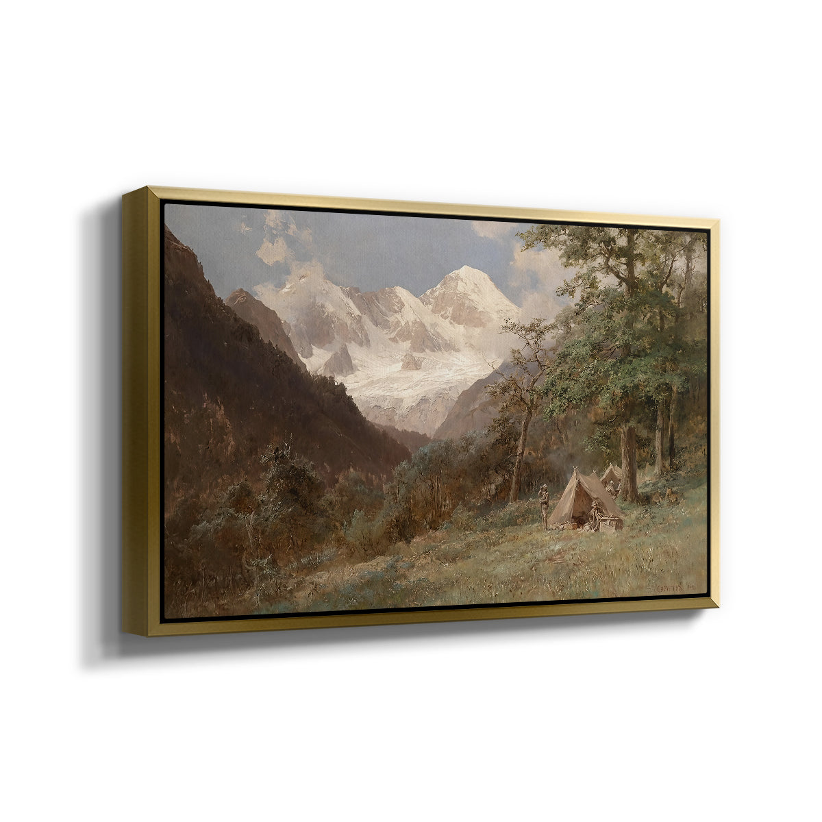 Angled view of Landscape in the Caucasus, c. 1921 by Edward Theodore Compton in a gold floater framed canvas.