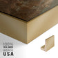 Close-up of the gold floater frame corner and gallery wrapped canvas construction.