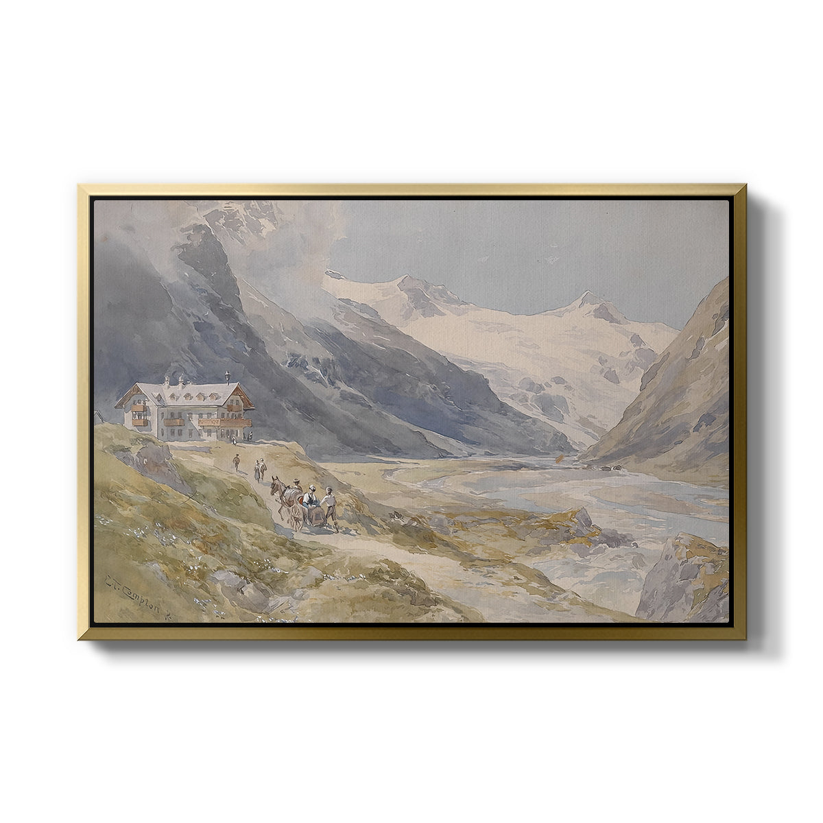 Shepherds (Pasterze), c. 1921 by Edward Theodore Compton in a gold floater framed canvas wall art display.