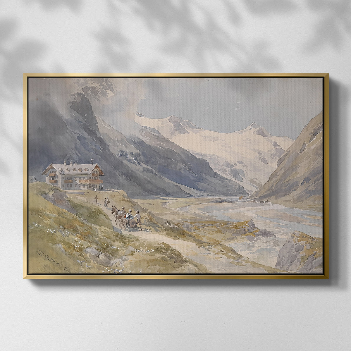Front view of Shepherds (Pasterze), c. 1921 by Edward Theodore Compton in a gold floater framed canvas.