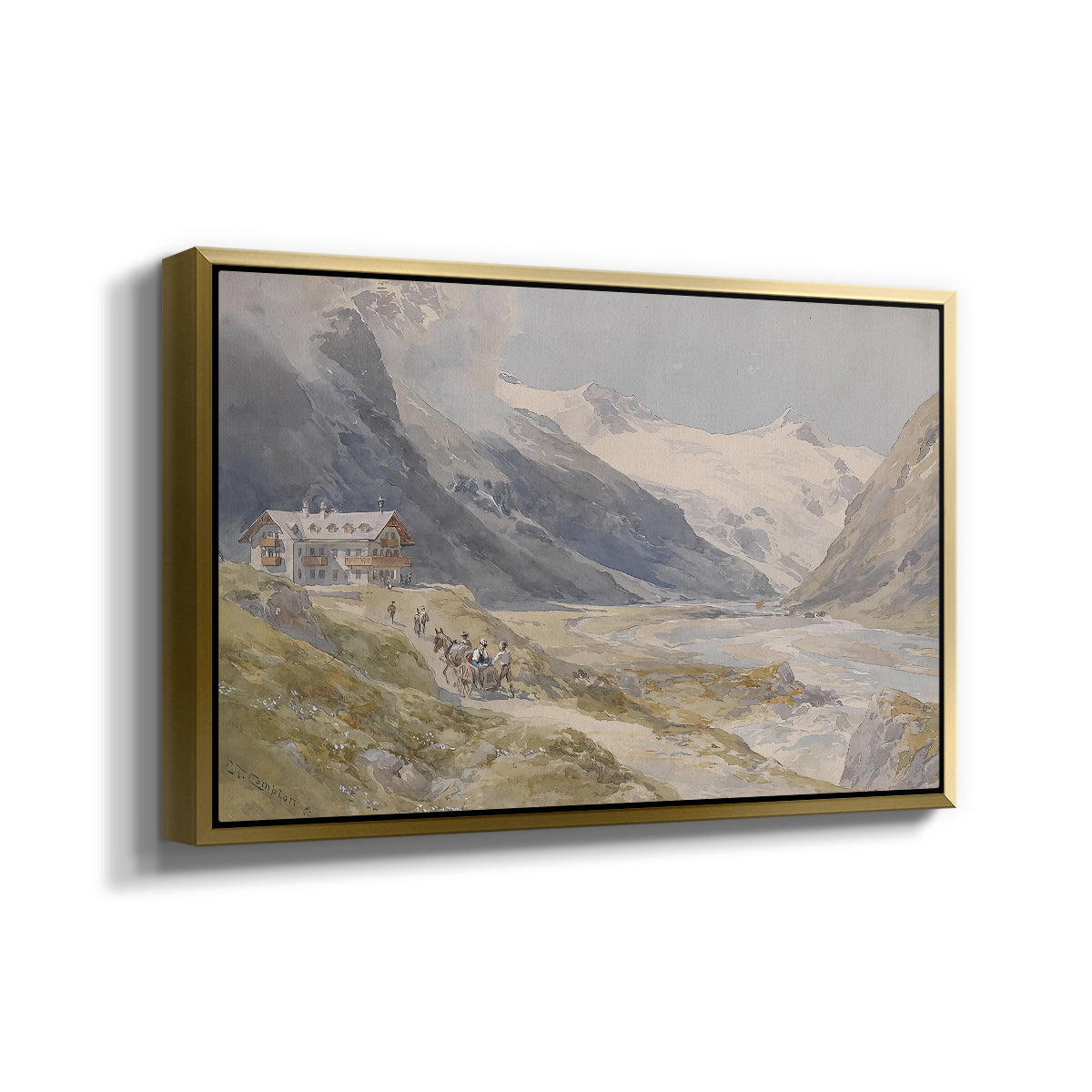 Angled view of Shepherds (Pasterze), c. 1921 by Edward Theodore Compton in a gold floater framed canvas.
