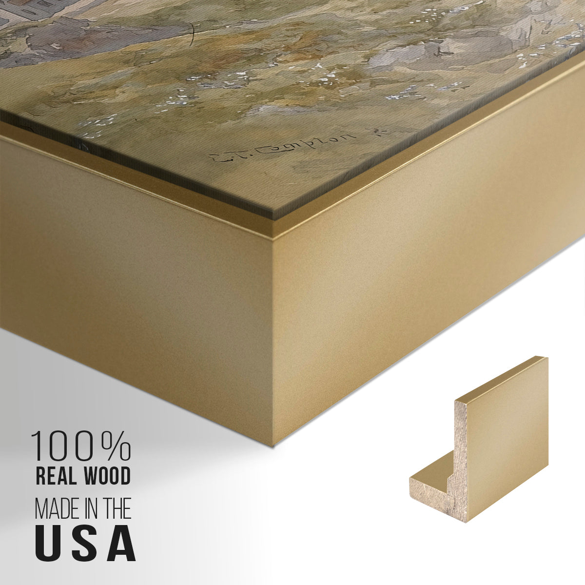 Close-up of the gold floater frame corner and gallery wrapped canvas construction.