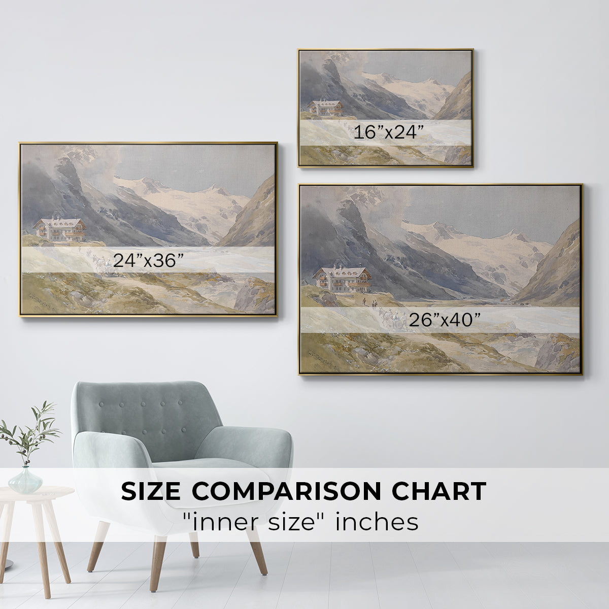 Size comparison chart for gold floater framed canvas featuring Shepherds (Pasterze), c. 1921 by Edward Theodore Compton.