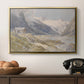 Shepherds (Pasterze), c. 1921 by Edward Theodore Compton in a gold floater framed canvas displayed above a console table in a hallway, featuring a natural landscape with human presence among mountains.