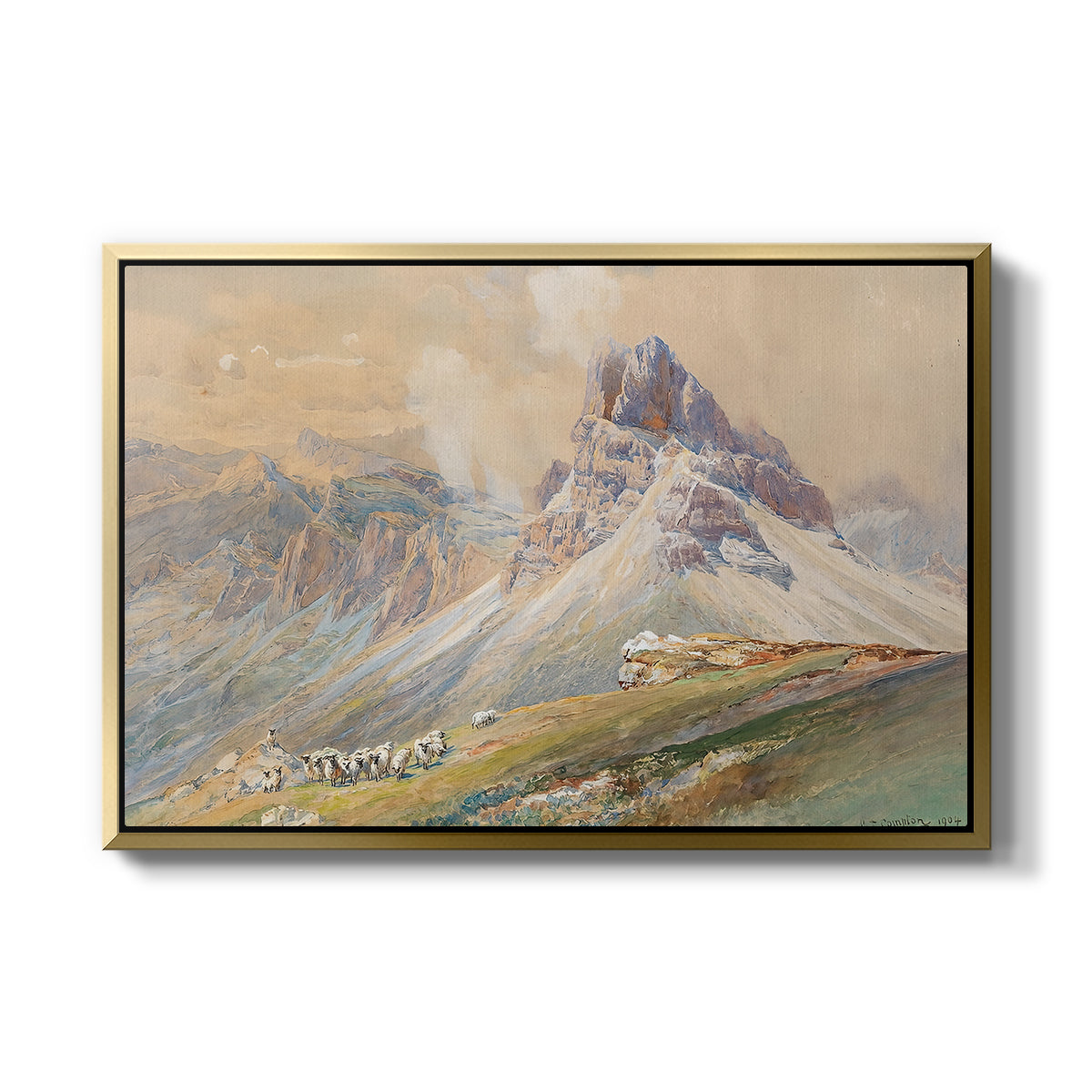 From the Dolomites, 1904 by Edward Theodore Compton in a gold floater framed canvas wall art display.